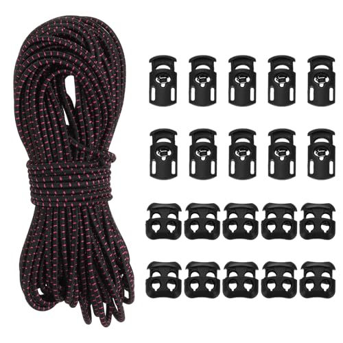 YELARXI Cord Locks, Elastic Cord, Spring Toggle Stopper Slider 50 ft & Black/Red - color: Black/Red