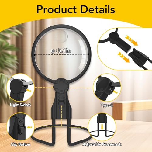 2500mAh Magnifying Glass with Light, 5X Hands Free Magnifier for Reading, Sewing, Knitting, Cross Stitch & Crafts, Rechargeable Lighted Magnifier for Seniors