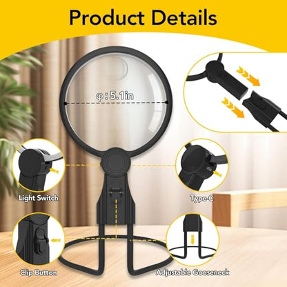 2500mAh Magnifying Glass with Light, 5X Hands Free Magnifier for Reading, Sewing, Knitting, Cross Stitch & Crafts, Rechargeable Lighted Magnifier for Seniors