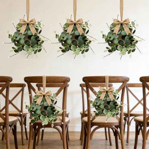 4 Pcs Small Eucalyptus Hanging Wreaths for Cabinets Artificial Greenery Mini Candle Ring Wreath with White Bud Stems and Linen Ribbon for Home Kitchen Front Door Window Wall Wedding Farmhouse Decor