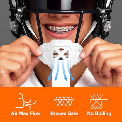 SLEEFS X White Football Mouth Guard - Lip/Mouthguard with Helmet Strap - Lip/Teeth Protector Mouthpiece - Moldable - for Youth/Adults, Men & Women Mouth Guard, Maximum Air Flow, Lacrosse, All Sports - color: White