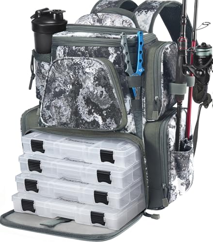 Piscifun Fishing Backpack with 2 Rod Holders & 4 Tackle Boxes, Large Tackle Storage Bag With Rain Cover for Fishing Gear - color: VEIL Camouflage