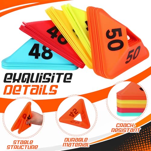 Liliful 50 Pack 1-50 Numbered Sports Cones Bulk, Triangular Soccer Cones for Training Agility Drills with Storage Mesh Bag for Football Practice Coaching Marker Equipment Basketball