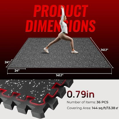 SUPERJARE 0.79'' Extra-Thick Exercise Equipment Mats, 36 Pcs 144 Sq Ft Rubber Top Floor Tiles with High Density EVA Foam, Interlocking Gym Flooring for Home Gym, Workout Mat, Black/Grey - size: 36 Tiles (144 Sq Ft)