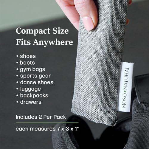 Moso Natural Shoe Deodorizer Inserts (2 Pack) Charcoal Odor Absorber for Shoes, Gym Bag & Boot Deodorizer, Unscented Shoe Odor Elimination, Air Purifying Bags, Lasts 2 Years (4 Bags) - style: 2 Pack (4 Bags)