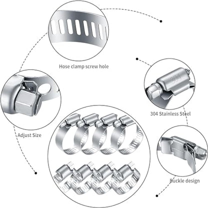20Pcs Adjustable Stainless Steel Hose Clamps Assortment Kit, 1/4-2 in (6-51mm) Worm Gear Pipe, Fuel LineHeavy Duty for Plumbing, Washing Machine, Mechanical，Garden and Automotive Hose Connections
