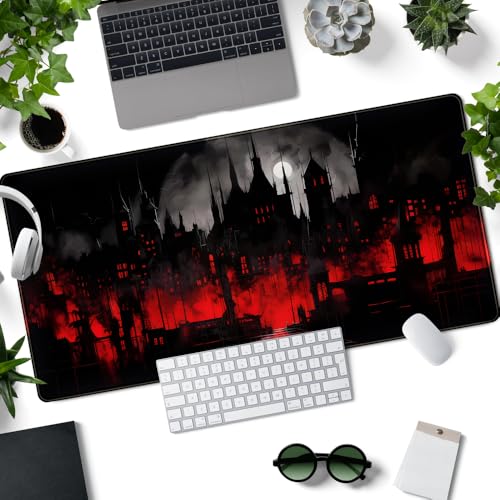 Black Castle Large Mouse Pad Red and Black Mousepad Gaming Playmat Game Mat, Big Full Keyboard and Mouse Pads Cool Desk Pad for Keyboard with Stitched Edges Anti-Slip Desk mat 31.5" X 15.7 " - color: Black and Red Castle