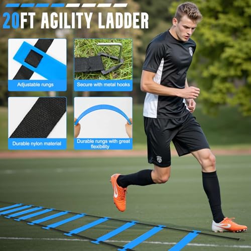 Agility Ladder, Soccer Training Equipment Set, 4 Agility Hurdles, 20ft Speed Ladder, Running Parachute, 12 Football Cones, Jump Rope | Soccer Basketball Athletes Speed Training - color: Blue