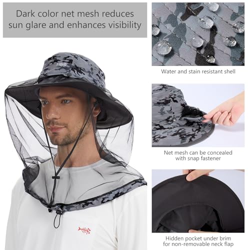 BASSDASH UPF 50+ Mosquito Sun Hat with Hidden Head Net and Neck Flap for Men Women Outdoor Fishing Hiking Camping - color: Storm Camo