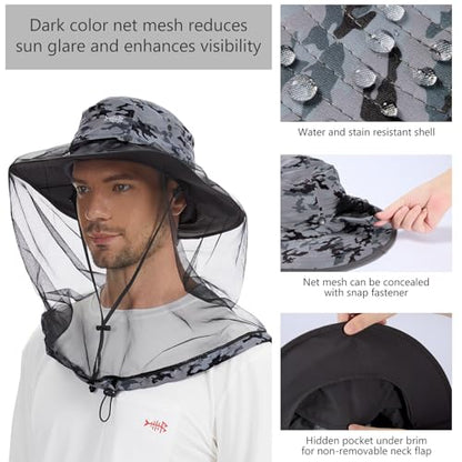 BASSDASH UPF 50+ Mosquito Sun Hat with Hidden Head Net and Neck Flap for Men Women Outdoor Fishing Hiking Camping - color: Storm Camo