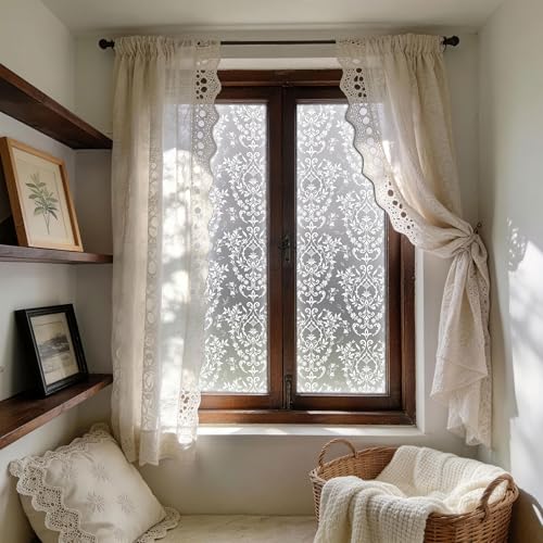 Frosted Damask Window Privacy Film, 78.5" L x 17.5" W, Decorative Non-Adhesive Static Cling, Heat Control & UV Blocking, Anti-Glare Sticker for Home Office Bathroom