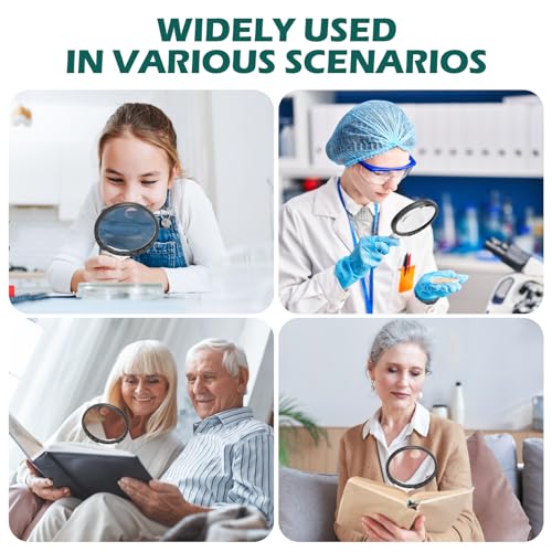 Large Magnifying Glass with Light, 10X 25X 45X Handheld Illuminated Magnifier with 3 Light Modes, 12 LED Lights, Storage Bag, Clean Cloth for Seniors Reading Coins Inspection (Black)