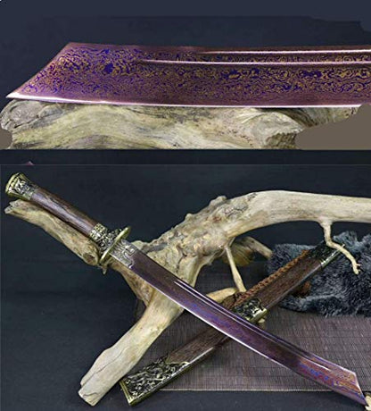 Full Tang Damascus Folded Steel blue Blade Chinese Dragon Tiger DAO Sword