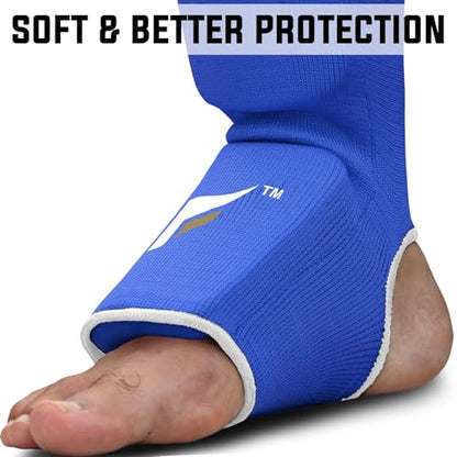 Mytra Fusion Shin Pads Instep Protector Kick Boxing Muay Thai Training Elasticated shin Guards - color: Blue, size: Small-Medium