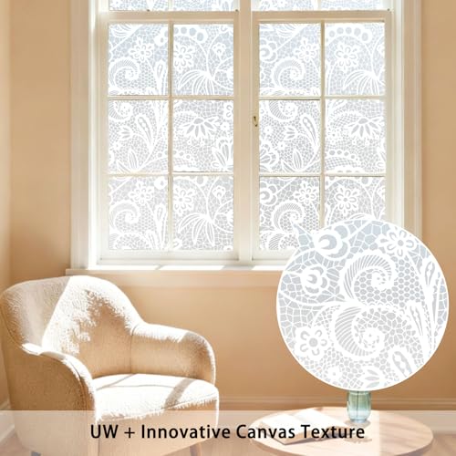 Frosted Window Privacy Film, White Lace Stained Glass Window Film, Static Cling Removable Privacy Decal, Sun Blocking Decorative Tint with Effect for Home, Doors and Office (S686, 17.7'' x 78.7'')