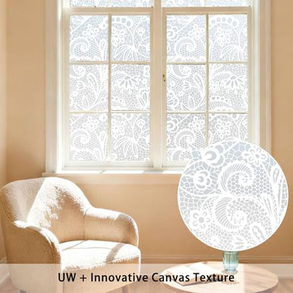 Frosted Window Privacy Film, White Lace Stained Glass Window Film, Static Cling Removable Privacy Decal, Sun Blocking Decorative Tint with Effect for Home, Doors and Office (S686, 17.7'' x 78.7'')
