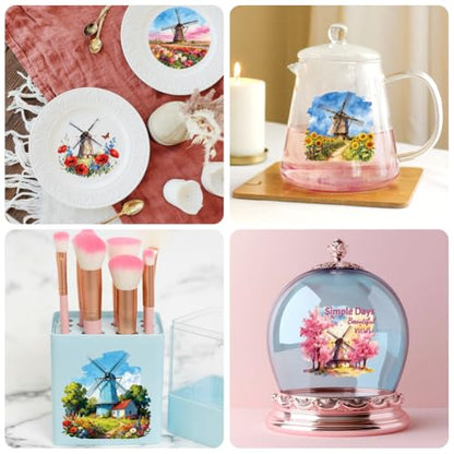 Peacoblue 18 Sheets Rub on Transfers for Crafts, Dutch Windmills and Scenery 3.6"x3.9" UV DTF Cup Wraps Waterproof Rub on Cold Transfers Stickers for Wood Glass Metal Cup Tumblers Mirrors Mugs Decor - style: Dutch Windmills and Scenery