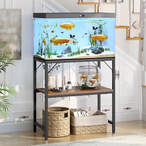 MAHANCRIS Fish Tank Stand and Litter Box Enclosure Bundle, Aquarium Stand with 2-Tier Storage Shelves, Hidden Litter Box Furniture with Scratch Pad, for Home Living Room, FTHR2001-CWBZ3201