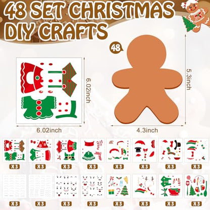 Frienda 48 Set Christmas Gingerbread Craft Kit Make a Gingerbread Man Ornament Stickers Bulk DIY Arts and Crafts for Xmas Tree Decoration Fun Christmas Party Favors Home Game Activities - style: Gingerbread Man