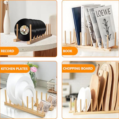 Bamboo Dish Racks 8 Slots,Wooden Plate Organizer for Cabinet Space Saver, Dish, Pots, Lids, Bowls, Cups,Cutting Boards and Books Storage (Box Included)