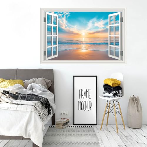 Fake Window Wall Sticker Summer Sunset Seascape Ocean Beach Faux Window Poster Decal Picture Open Wall Art Decor, Stick and Peel Landscape Natural Scenery Canvas Scene Mural,16"x24"
