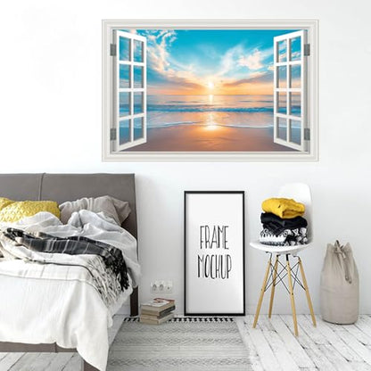 Fake Window Wall Sticker Summer Sunset Seascape Ocean Beach Faux Window Poster Decal Picture Open Wall Art Decor, Stick and Peel Landscape Natural Scenery Canvas Scene Mural,16"x24"