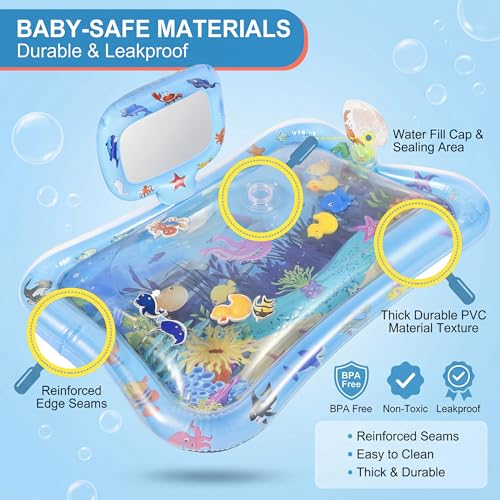 Inflatable Tummy Time Water Mat with Mirror – Portable Baby Play Mat for 0–12 Month Infants, Strengthen Muscles & Promote Sensory Development, Gift for Boys & Girls
