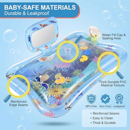 Inflatable Tummy Time Water Mat with Mirror – Portable Baby Play Mat for 0–12 Month Infants, Strengthen Muscles & Promote Sensory Development, Gift for Boys & Girls