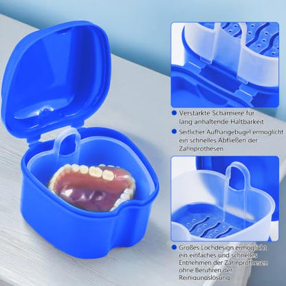 Denture Cups for Soaking Dentures, Partial Denture Holder Case Retainer Mouthguard Cleaning Box Case with 2 Small Brushes - Blue and Dark Blue - color: Blue & Dark Blue