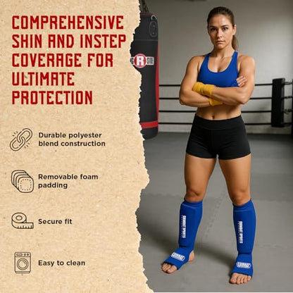 Combat Sports Elastic Cloth Shin & Instep Padded Guards - color: Blue, size: Large