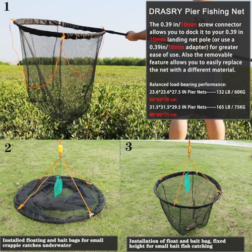 Foldable Bridge and Pier Fishing Landing Net - High Load-Bearing Aluminum Ring Drop Net for Saltwater Freshwater - Collapsible Basket With 49.2 FT Rope
