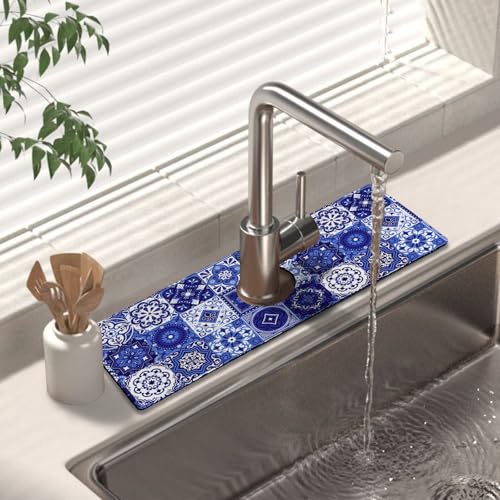 Kitchen Sink Splash Guard Faucet Mat 15" X 5.5" Talavera Mexican Tiles Absorbent Fast Drying Mat Faucet Draining Mat Sink Splash Guard Behind Faucet Drip Catcher for Kitchen Bathroom - color: tile02, size: 15*5.5in