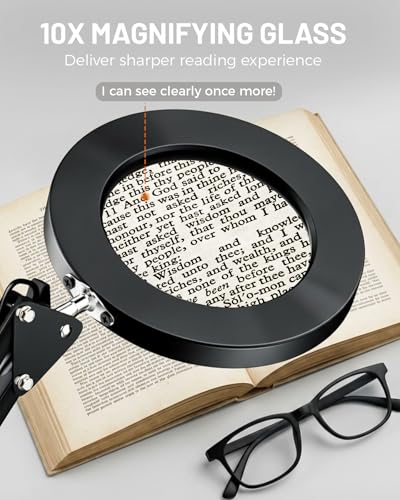 TANYO 10X Magnifying Glass with Light, Real Glass Len Magnifier with Light with 3 Color Mode Dimmable, Dual Swing Arm Hands Free LED Desk Magnifier Lamp for Jewelry Sewing Crafts Embroidery Repair