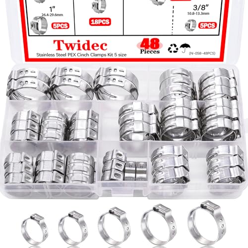 Twidec/48PCS 3/8",1/2",3/4",5/8",1" PEX Cinch Clamps Kit 5 size,Stainless Steel Pex Crimp Rings,Single Ear Hose Clamps For Pex Pipe Fitting Connections N-058-48PCS