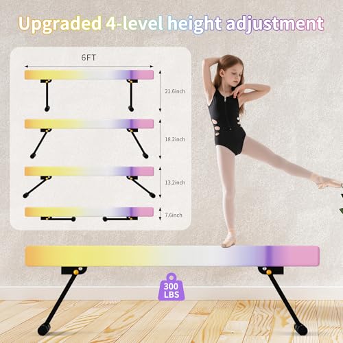 EL&IT·Wings 6/8ft Gymnastic Balance Beam,Adjustable High and Low Level Floor Beam - color: Rainbow, size: 6FT