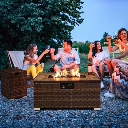 2-Piece Outdoor Propane Fire Pit Table w/Tank Holder, 32inch Handmade Rattan Wicker Firepit Ceramic Tabletop with Steel Lid 40,000 BTU Rectangle Fire Table Set for Patio, Deck, Backyard (Brown) - size: 32"