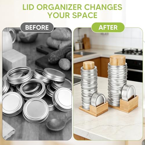 2PCS Mason Jar Lid Organizer & Holder (Wide Mouth & Regular Mouth) Bamboo Ball Jar Wooden Storage Accessories for Home Kitchen Organization Fit Mason/Canning/Bamboo Lids, Holds 20 Lids & 20 Rings