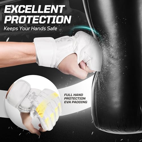 Flexzion MMA Gloves Fingerless Boxing Gloves for Men Women and Teen Youth, UFC Grappling Krav MAGA Kickboxing Gloves for Training Punching Bag Muay Thai Hitting Mitts Cutoff Martial Art Gloves - color: White