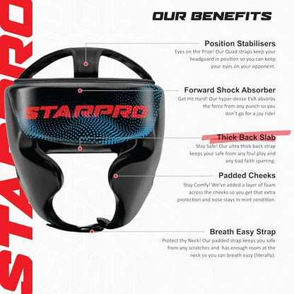 Starpro Black Boxing Headgear for Men Women - Safety Headguard with Padding - Muay Thai MMA Training Sparring Karate