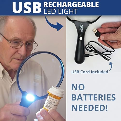 Large 5.5" Magnifying Glass with LED Light (USB Rechargeable) and Hard Case — Handheld Illuminated Magnifier for Reading — Lightweight