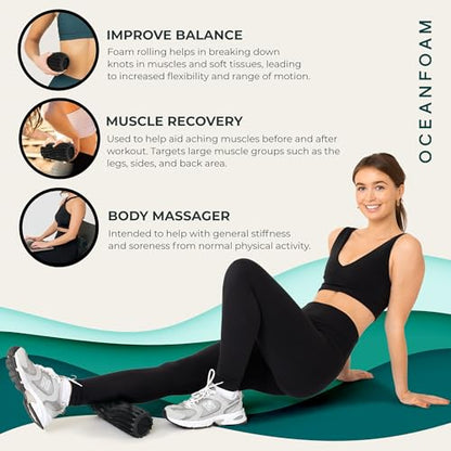 Oceanfoam Ripple Travel Foam Roller (11" x 3.35") Firm Mini Foam Roller for Physical Therapy, Deep Tissue Massage, Back Pain - High Density, Wave Textured - Yoga, Exercise (Black & Charcoal Marbled) - color: Black & Charcoal Marbled