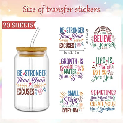 Inspirational UV DTF Stickers - 20 Sheets Motivational Quotes UV DTF Cup Wraps for 16 oz Glass, Colorful Flower Rainbow Rub on Transfer Stickers, Uvdtf Decals for Water Bottle DIY Crafts - style: Motivational Quotes