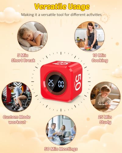 Digital Pomodoro Timer Cube 5/10/25/50min Preset, Silent & Sound Alarm - color: Red
