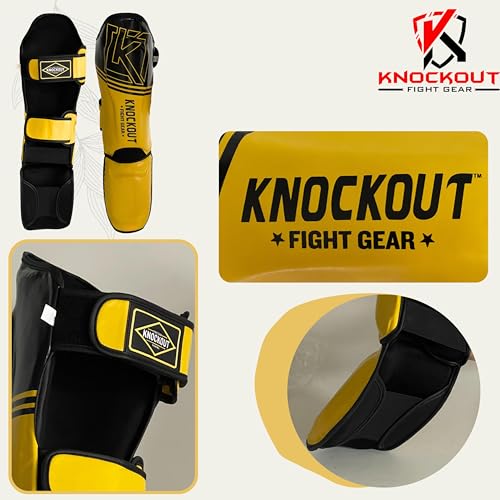 Muay Thai Shin Guards MMA Martial Arts -Padded, Adjustable Leg Guards with Instep Protection for Training and Sparring Gear Kickboxing Equipment – Durable, Professional - color: Black/Yellow, size: XS-CH