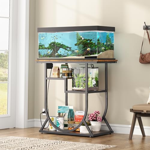 20-29 Gallon Fish Tank Stand with Power Outlet, Metal U Shaped Aquarium Stand with Storage Shelves, Heavy Duty Terrarium Rack for Home Office, 31.5" L x 15.7" W x 29.4" H, Rustic Brown