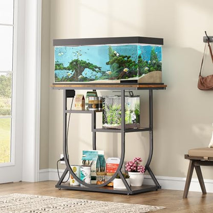 20-29 Gallon Fish Tank Stand with Power Outlet, Metal U Shaped Aquarium Stand with Storage Shelves, Heavy Duty Terrarium Rack for Home Office, 31.5" L x 15.7" W x 29.4" H, Rustic Brown