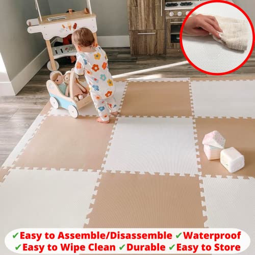 Extra Large Baby Play Mat Tiles Thick Foam Non-Toxic Floor Puzzle Mat Interlocking Activity Playmat for Infants Toddlers Kids Crawling Tummy Time 74x74 Inches (Beige/White) - color: Beige/White