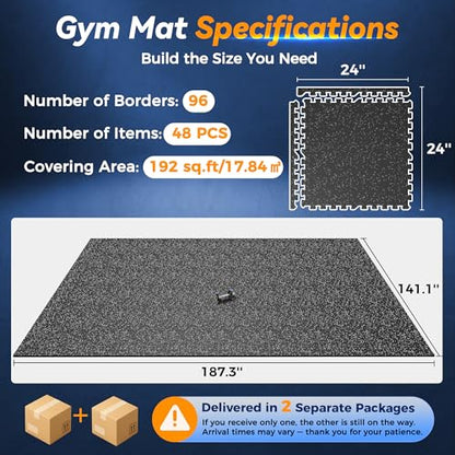 SUPERJARE 1" Extra-Thick Rubber Top Exercise Mat, Gym Flooring for Home Gym | Puzzle Gym Mat for Workout Equipment, Interlocking Floor Tiles with EVA Foam, 48 Pcs 192 Sq Ft, Black/Grey - size: 48 Tiles (192 Sq Ft)