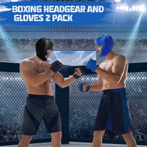 Boxing Gloves and Headgear Set for Adults 2 Pair Gloves and 2 Head Guards - color: BlackBlue