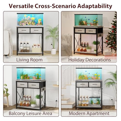20-29-37 Gallon Fish Tank Stand with Power Outlet, Heavy Duty Metal Aquarium Stand with Two Storage Drawers for Fish Tank Accessories Storage, Perfect for Turtle Tank, Reptile Terrarium, Grey